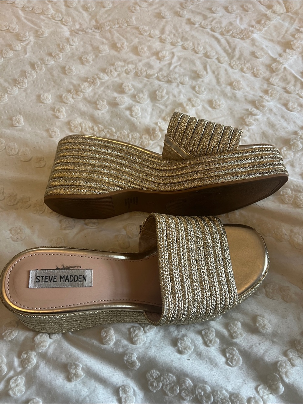 Steve Madden Metallic Gold Woven Platform Slide Wedges